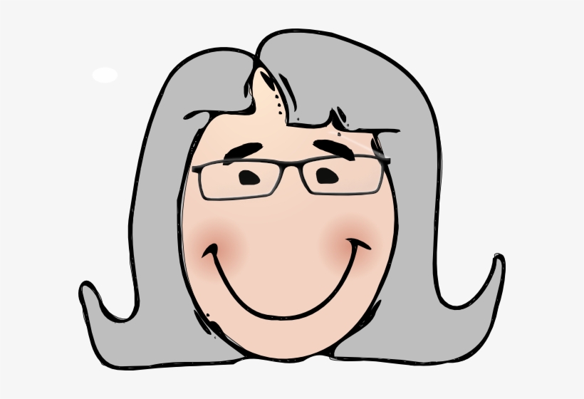 Smiling cartoon woman with gray hair, glasses, and rosy cheeks.