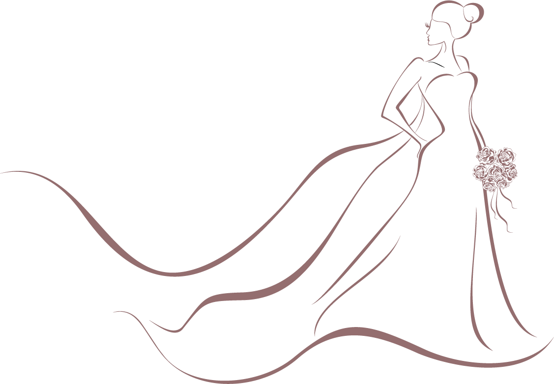 Elegant line-art silhouette of three brides in flowing gowns with rose bouquets, styled in soft mauve on black background.