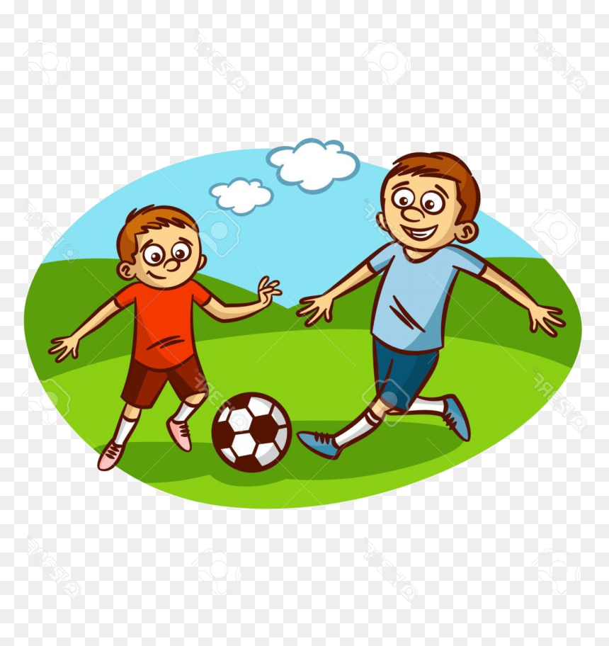 Two cartoon boys playing soccer on a green field under a blue sky with clouds.