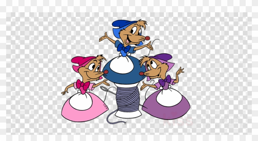 Three animated mice in colorful dresses dancing around a spool of thread, inspired by Disney's Cinderella.