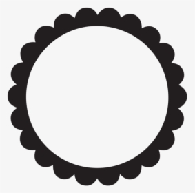 Black scalloped circular frame with white center, decorative border design.