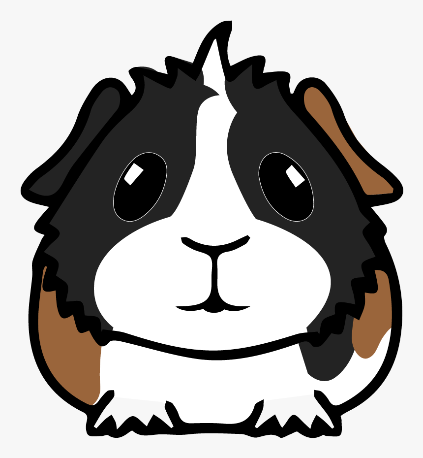 Cute cartoon guinea pig with black, white, and brown tri-color fur and expressive eyes.