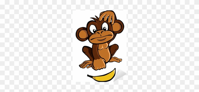 Cartoon monkey scratching head with banana nearby, expressing curiosity or confusion.