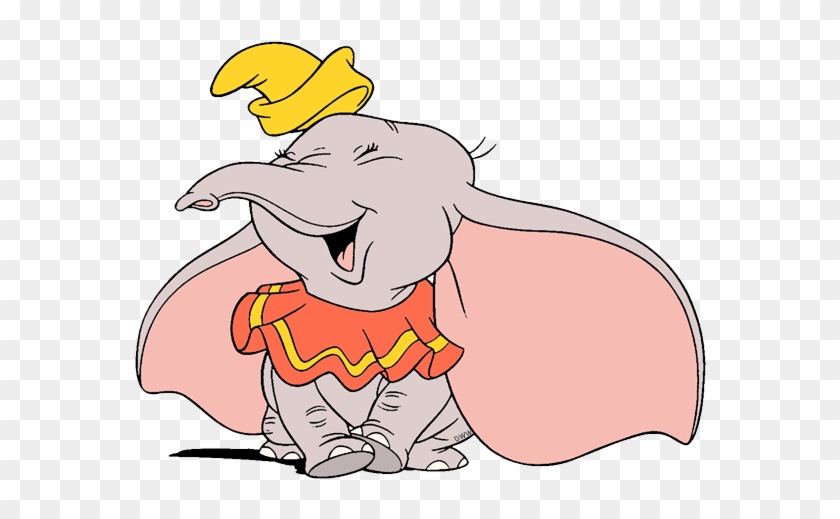 Dumbo the flying elephant in a red outfit and yellow hat, smiling joyfully with large ears spread wide.