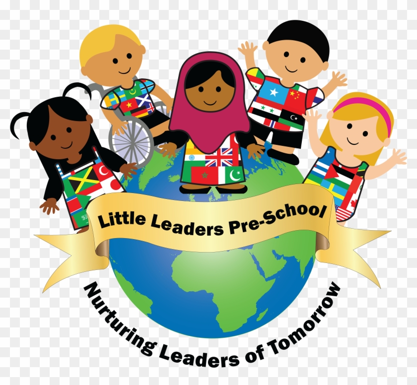 Diverse group of children around a globe wearing flag-themed clothing, with banner reading "Little Leaders Pre-School".