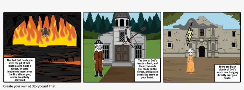A three-panel comic illustrating divine wrath: fire with a spider, a bent bow and arrow at a church, and lightning over ruins with a woman.