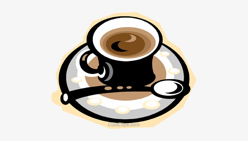 A stylized black coffee cup filled with brown coffee, resting on a decorative saucer with a spoon beside it.