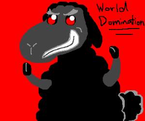 A menacing black sheep with red eyes and a sinister grin, raising fists against a red background, labeled "World Domination".