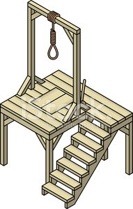 Wooden gallows with noose hanging above a platform and staircase, isometric illustration.