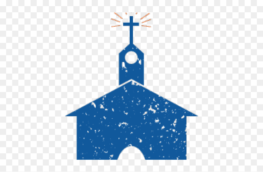 Blue stylized church icon with cross and radiant light on checkered background