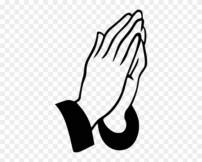 Black-and-white line drawing of two hands clasped in prayer, with sleeves visible against transparent background.