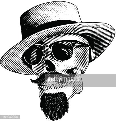 Skeletal face with sunglasses, mustache, beard, and wide-brimmed hat in engraved line-art style.