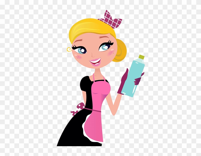 Smiling cartoon woman in pink apron holding cleaning spray bottle, wearing purple bow and gloves.