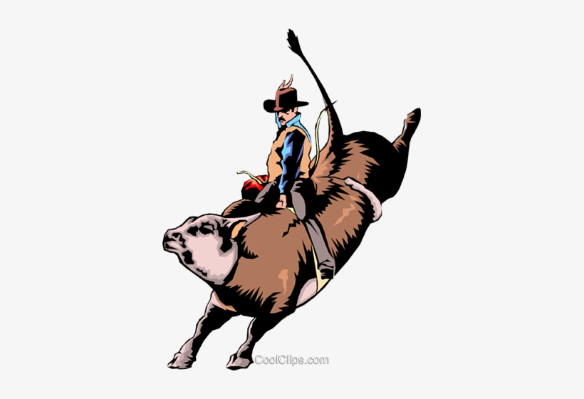Cowboy in hat and vest rides a bucking bull mid-air during a rodeo event.
