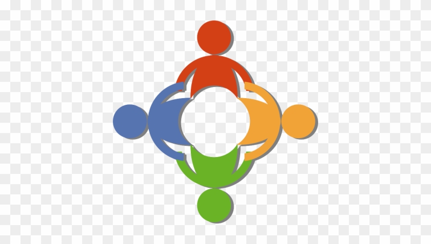 Four stylized human figures in red, blue, orange, and green interlocking around a central white circle, symbolizing unity and collaboration.