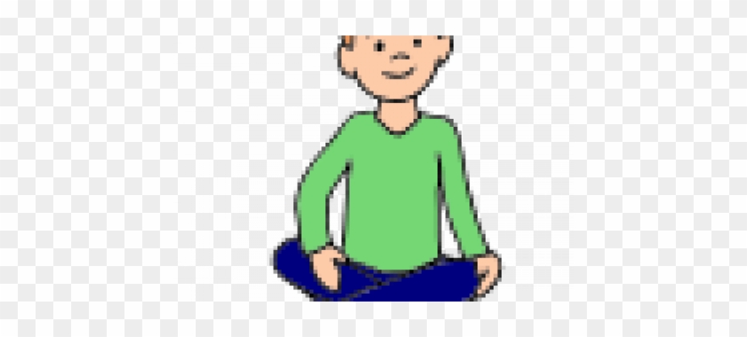 Smiling cartoon boy sitting cross-legged in green shirt and blue pants, practicing meditation or mindfulness.