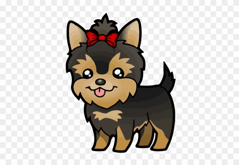 Cute cartoon Yorkshire Terrier puppy with red bow, black and tan fur, tongue out, on transparent background.