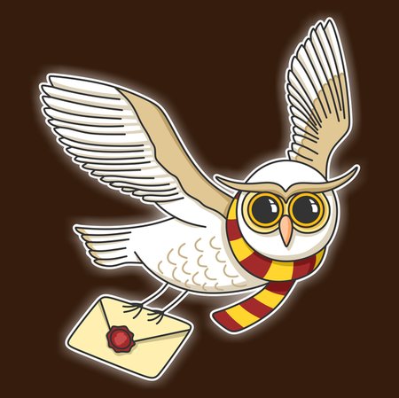 A cartoon snowy owl wearing a Gryffindor scarf, flying while carrying a sealed envelope.