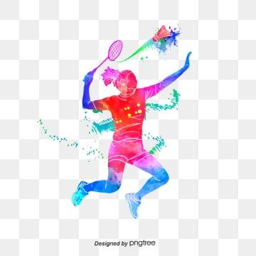 Watercolor-style illustration of a badminton player mid-air, executing a smash with vibrant rainbow colors and dynamic motion splashes.