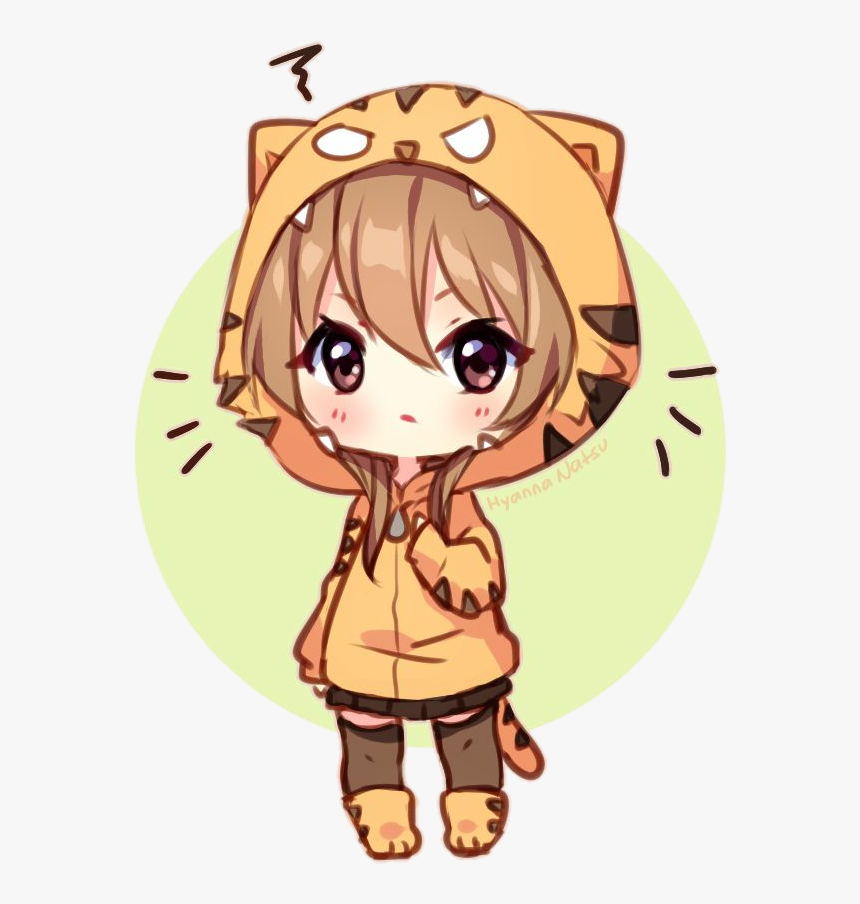 Chibi-style girl in a tiger-themed hoodie with big eyes and playful expression, illustrated by Hyanna Natsu.