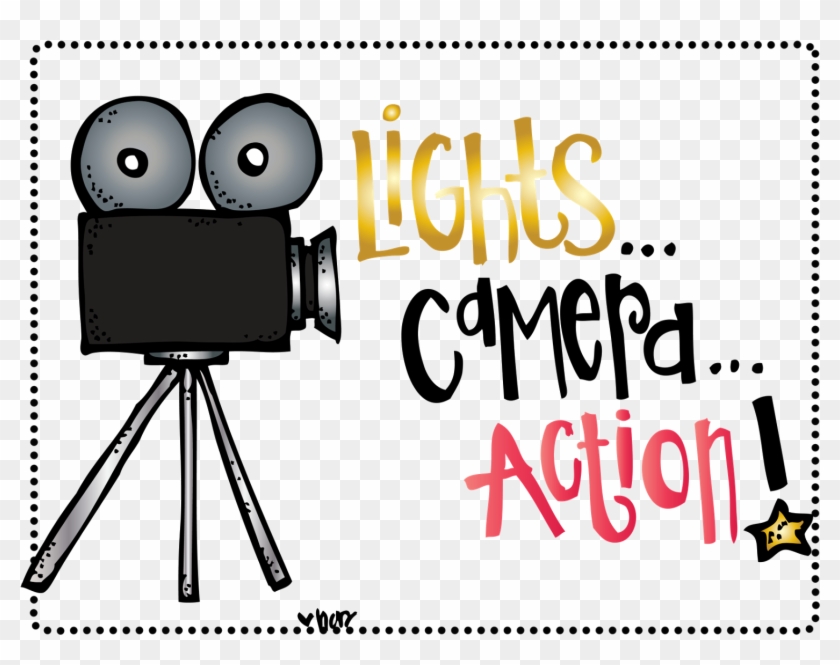 Vintage film camera on tripod with "Lights... Camera... Action!" text in gold, black, and red script.