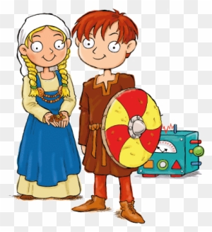 A cartoon boy in Viking attire holding a shield stands beside a girl in medieval dress, with a retro robot toy nearby.