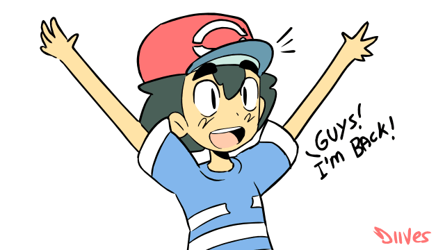 Animated Pokémon trainer in red cap and blue shirt cheering with arms raised, shouting "Guys! I'm Back!"