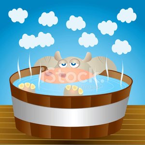 A cartoon hippo relaxing in a wooden hot tub with steam rising, under a blue sky with fluffy clouds.