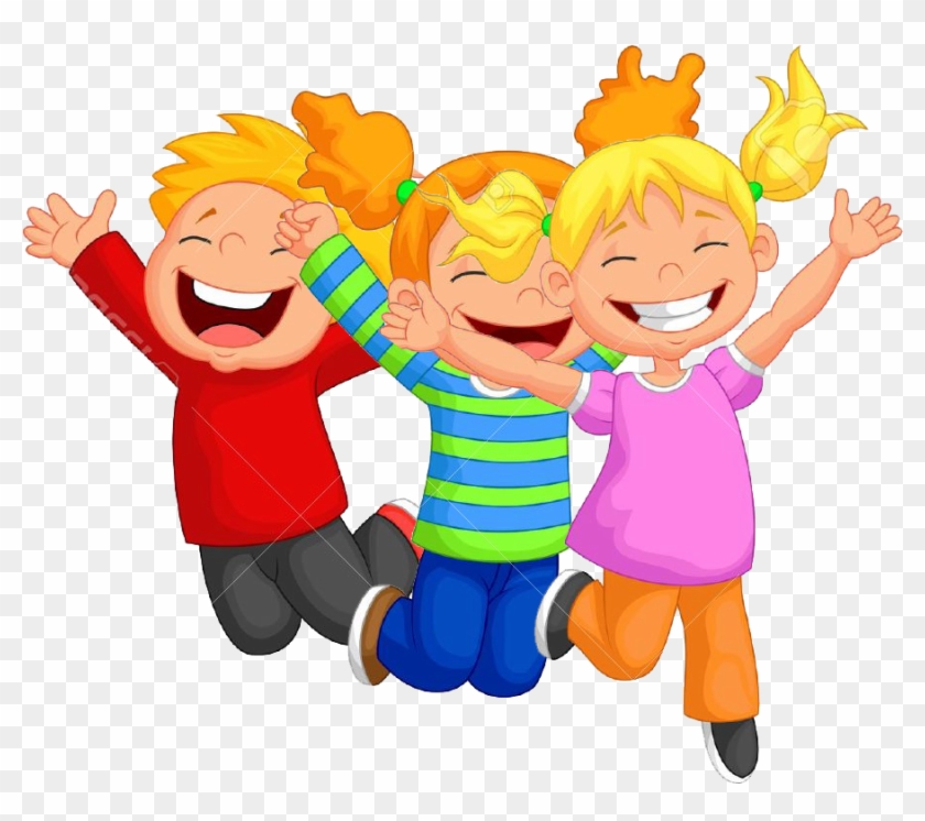 Three joyful cartoon children jumping together with arms raised and big smiles.