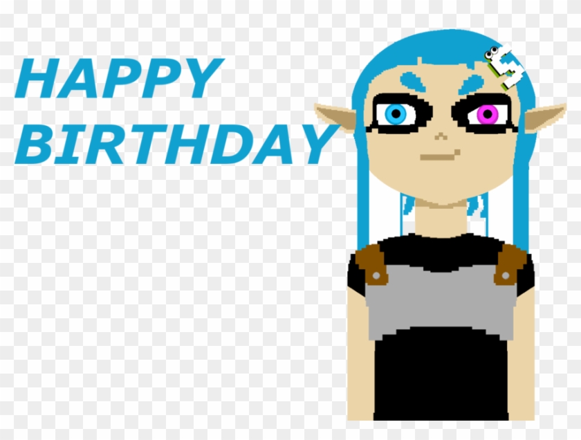 Pixel art character with blue hair, heterochromatic eyes, and "HAPPY BIRTHDAY" text.