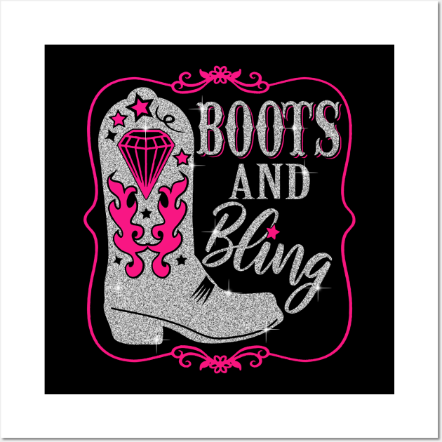 Glittery silver cowboy boot with pink flames, diamond, stars, and "Boots and Bling" text in ornate pink frame on black background.