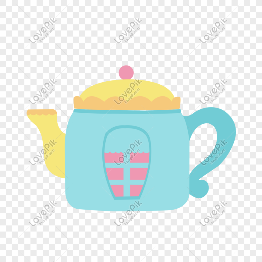 Pastel-colored cartoon teapot with yellow lid, pink knob, and window showing pink liquid inside.