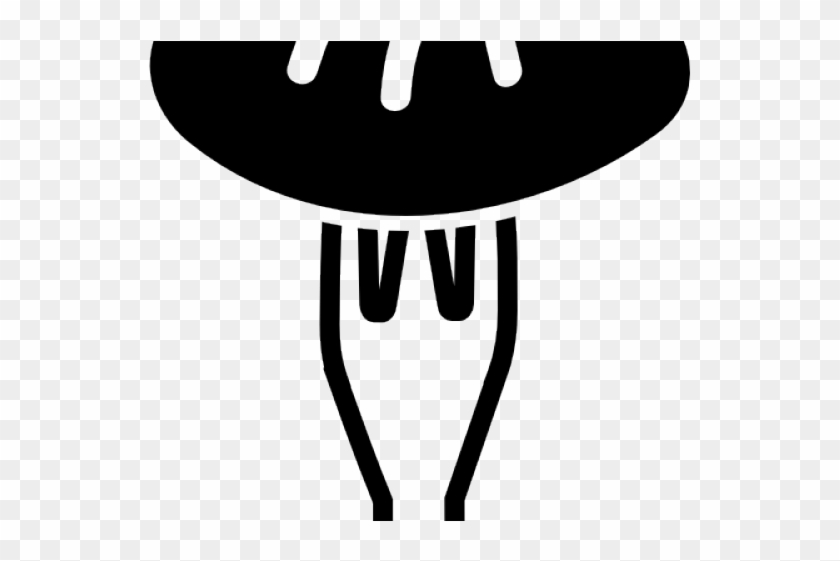 Black silhouette of a fork holding a slice of pizza with cheese drips.