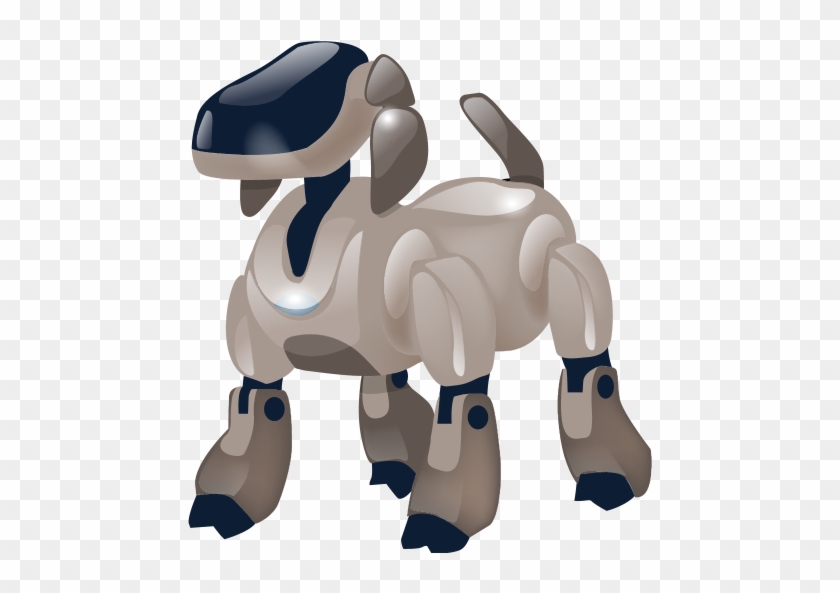 A sleek, beige and navy-blue robotic dog with glossy finish and articulated joints, standing alert on a transparent background.