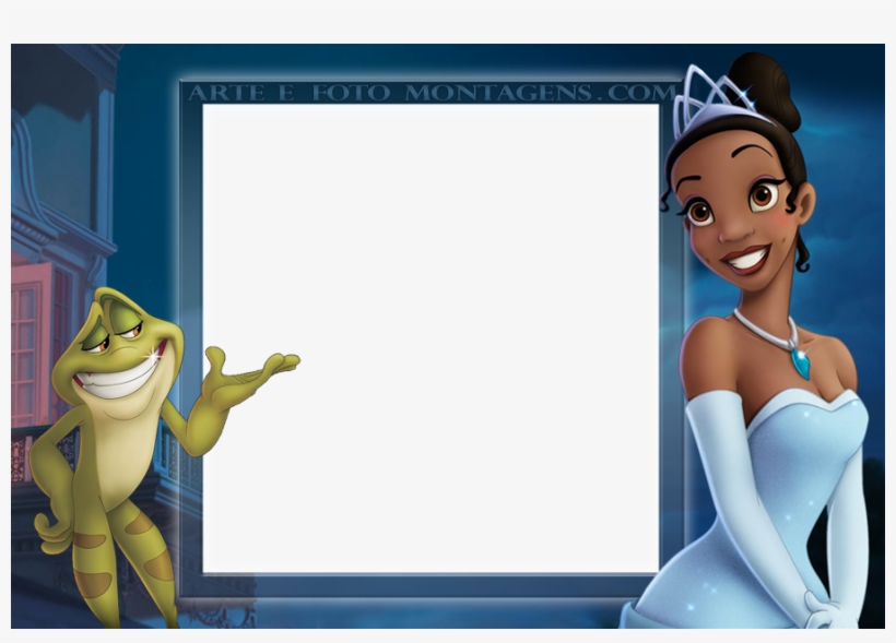 Princess Tiana and Prince Naveen (as a frog) frame a blank photo space in a Disney-themed montage template.