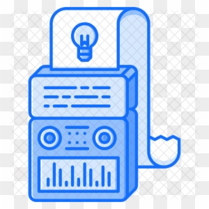 Blue line-art icon of a printer with a lightbulb on top and a paper roll, symbolizing smart or innovative printing technology.