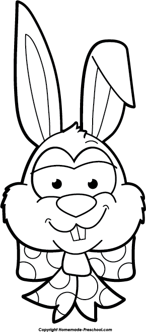 Smiling cartoon bunny with polka-dot scarf, large ears, and friendly expression, ideal for coloring pages or children’s content.