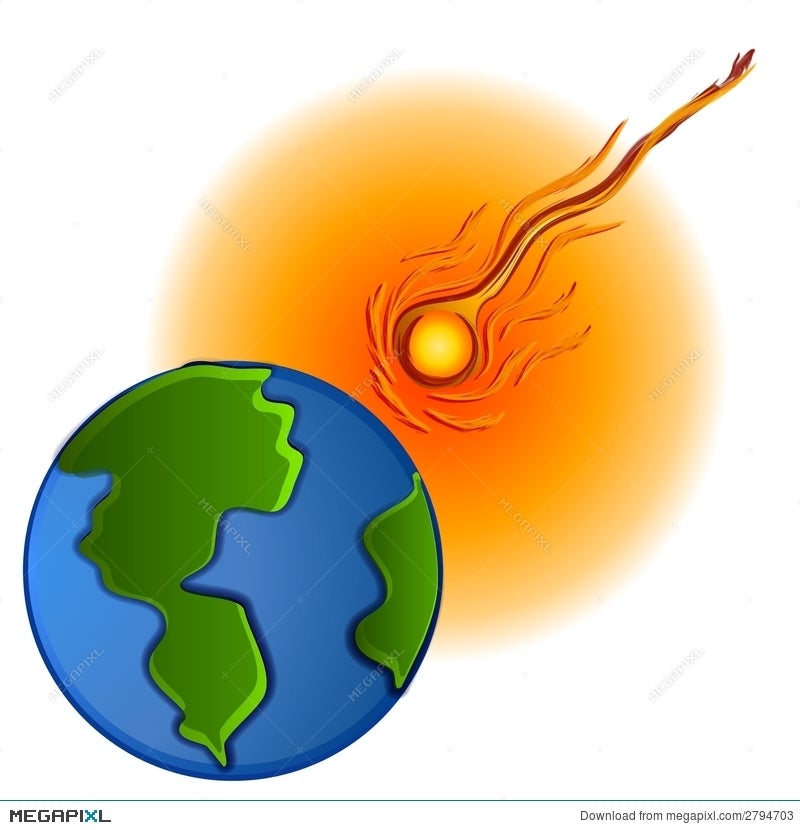 Earth globe beside a fiery meteor streaking through an orange sunburst background.