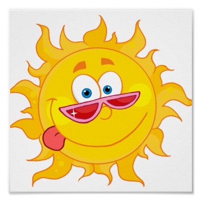 Cheerful cartoon sun wearing pink sunglasses and sticking out its tongue.