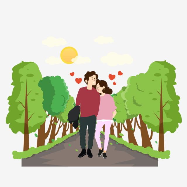 A loving couple walks hand-in-hand down a sunlit tree-lined path with floating hearts above them.