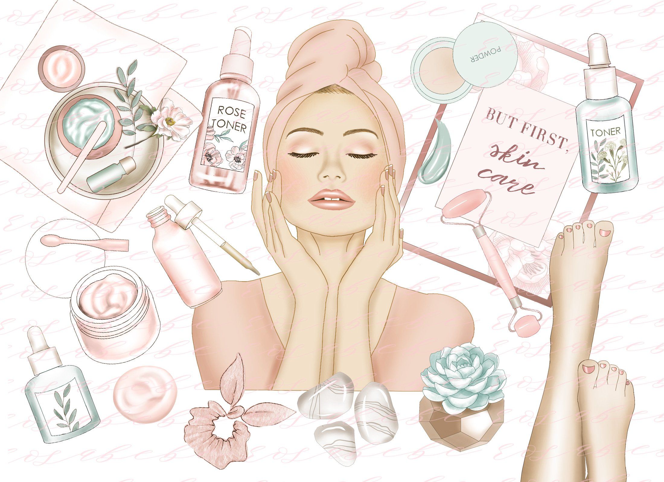 A serene woman with a towel-wrapped head surrounded by skincare products, flowers, and wellness items in soft pastel tones.