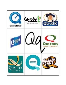 Grid of nine logos starting with 'Q', including QuickTime, Qdoba, Quaker, Quips, Quiznos, Quality Suites, QVC, and Quaker State, plus a handwritten 'Qq'.