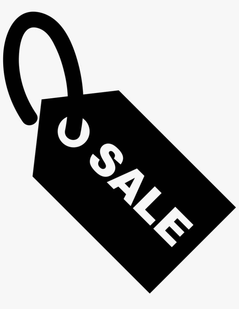 Black sale tag icon with white "SALE" text and hanging loop, angled diagonally.