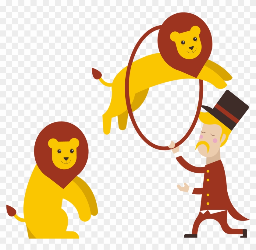Circus performer in red coat and top hat guiding two cartoon lions through a hoop, one jumping mid-air.