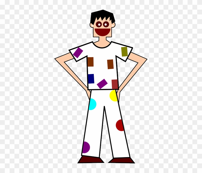 Cartoon man in white outfit with colorful geometric shapes, hands on hips, smiling confidently.
