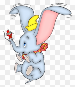 Dumbo the flying elephant with Timothy Q. Mouse on his trunk, wearing a yellow hat and red bowtie.