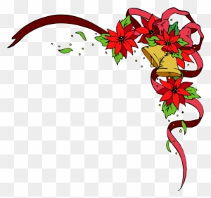 Festive corner decoration with red poinsettias, golden bell, green leaves, and swirling maroon ribbon on transparent background.