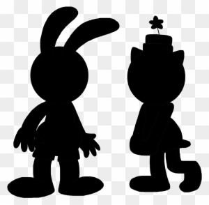 Silhouette of a rabbit and a cat wearing a hat with a flower, standing side by side on transparent background.