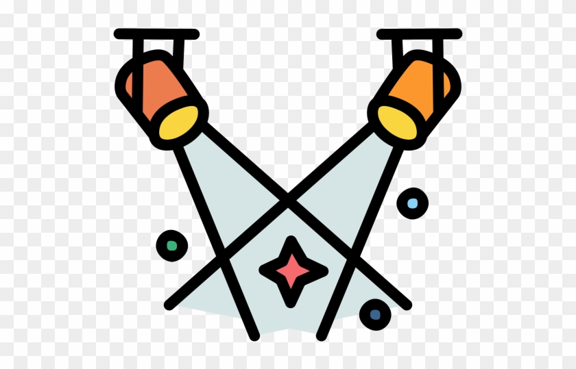 Two crossed stage spotlights casting beams with a star and colored orbs in the center.