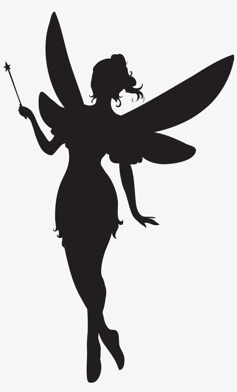 Silhouette of a fairy with wings, holding a star-tipped wand, in mid-flight pose.